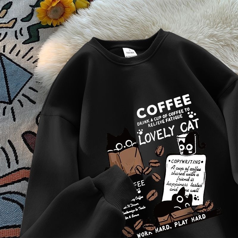 時尚潮流貓咪印花寬鬆美式圓領長袖T恤
