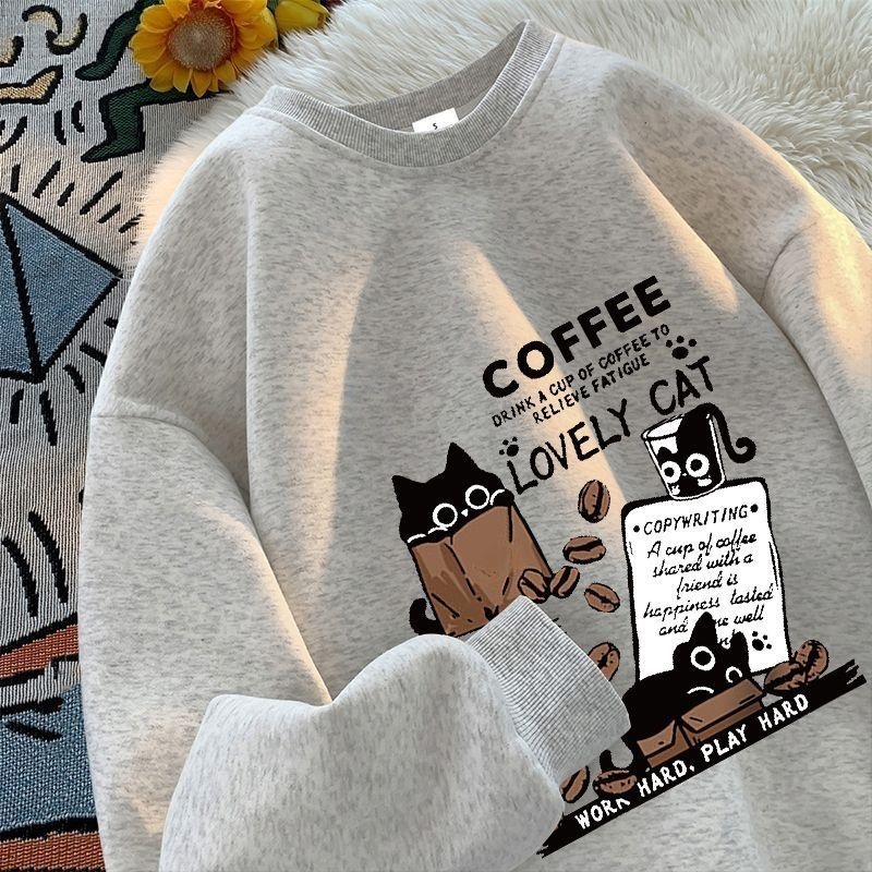 時尚潮流貓咪印花寬鬆美式圓領長袖T恤
