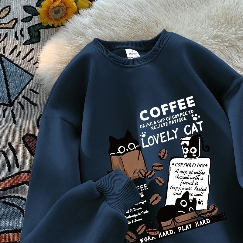 時尚潮流貓咪印花寬鬆美式圓領長袖T恤