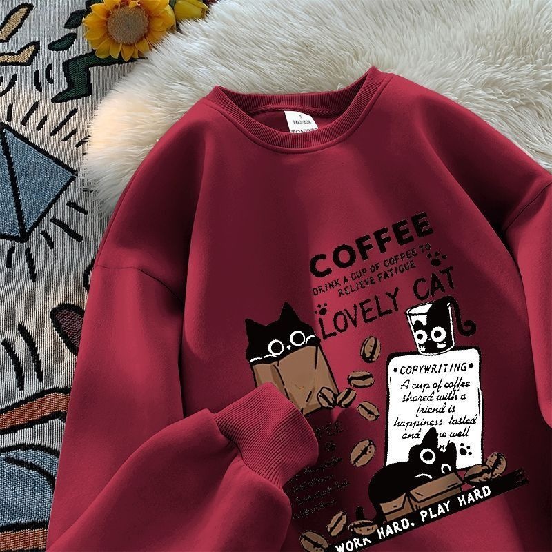 時尚潮流貓咪印花寬鬆美式圓領長袖T恤