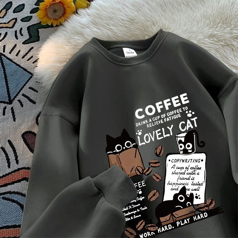 時尚潮流貓咪印花寬鬆美式圓領長袖T恤