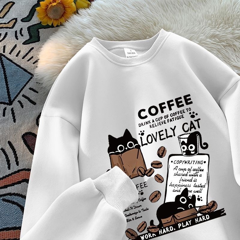 時尚潮流貓咪印花寬鬆美式圓領長袖T恤