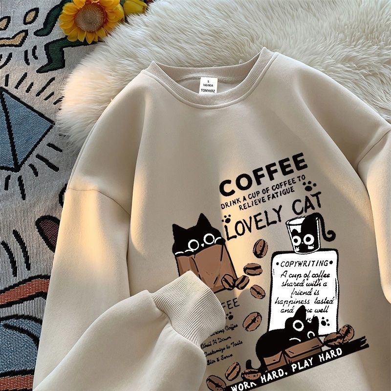 時尚潮流貓咪印花寬鬆美式圓領長袖T恤