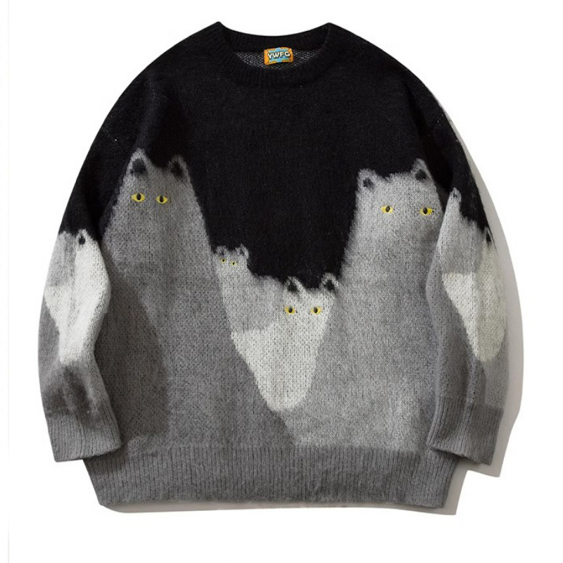卡通貓咪毛衣提花撞色慵懶風百搭情侶針織衫
