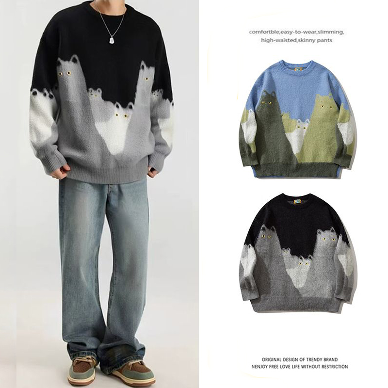 卡通貓咪毛衣提花撞色慵懶風百搭情侶針織衫