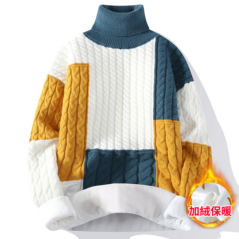 半高領拼色毛衣寬鬆刷毛大碼針織衫