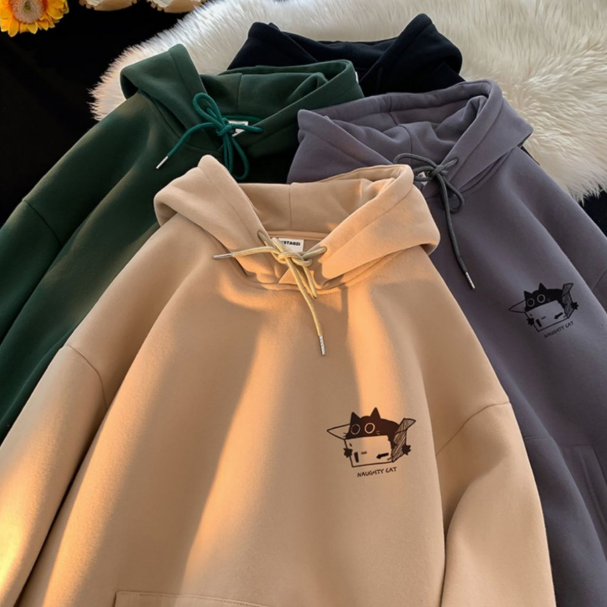 銀狐絨刷毛貓咪印花ins美式復古連帽T