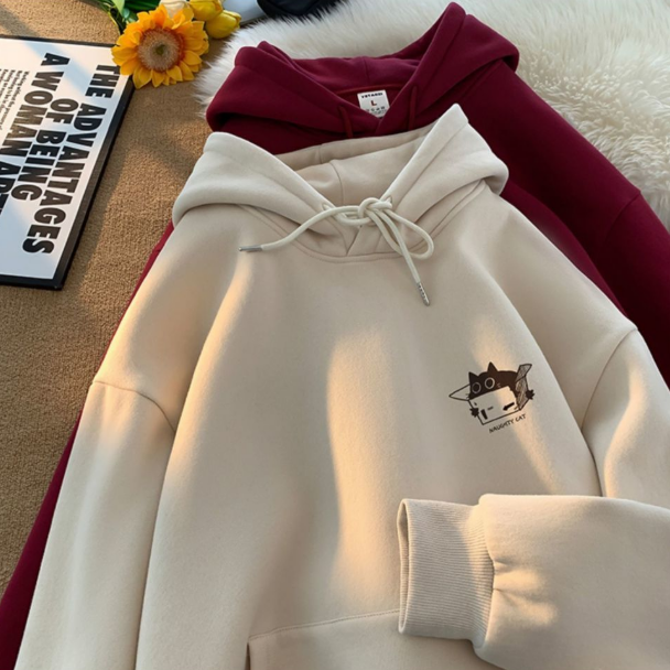 銀狐絨刷毛貓咪印花ins美式復古連帽T