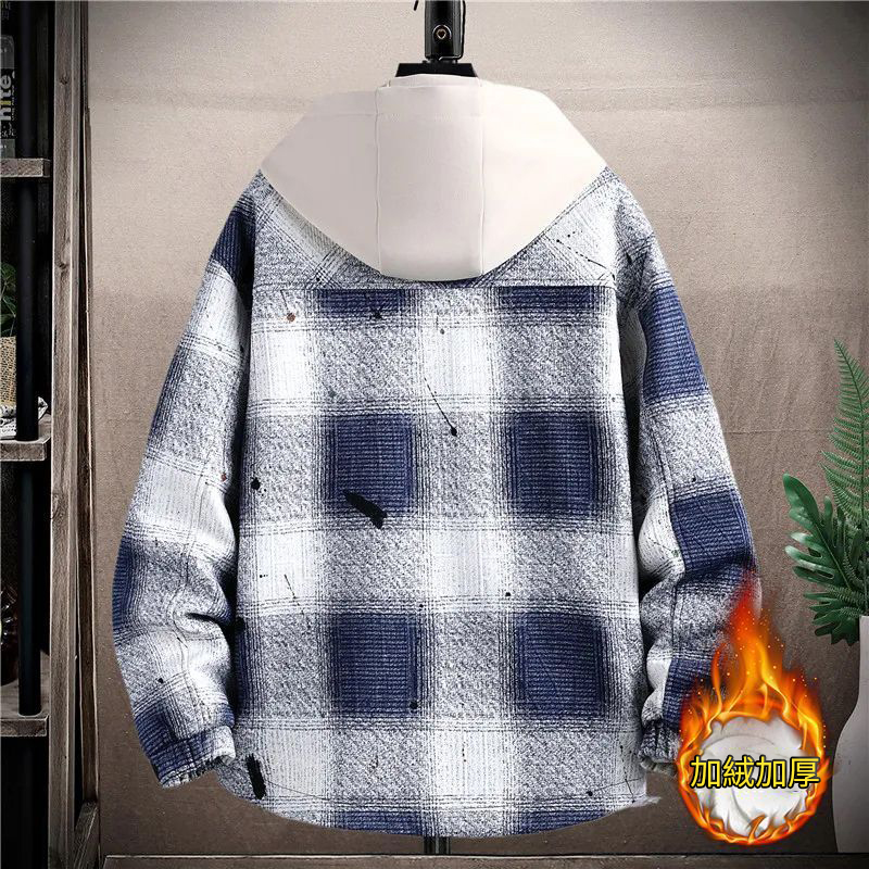 刷毛加厚格子大碼休閒寬鬆撞色港風帥氣連帽外套