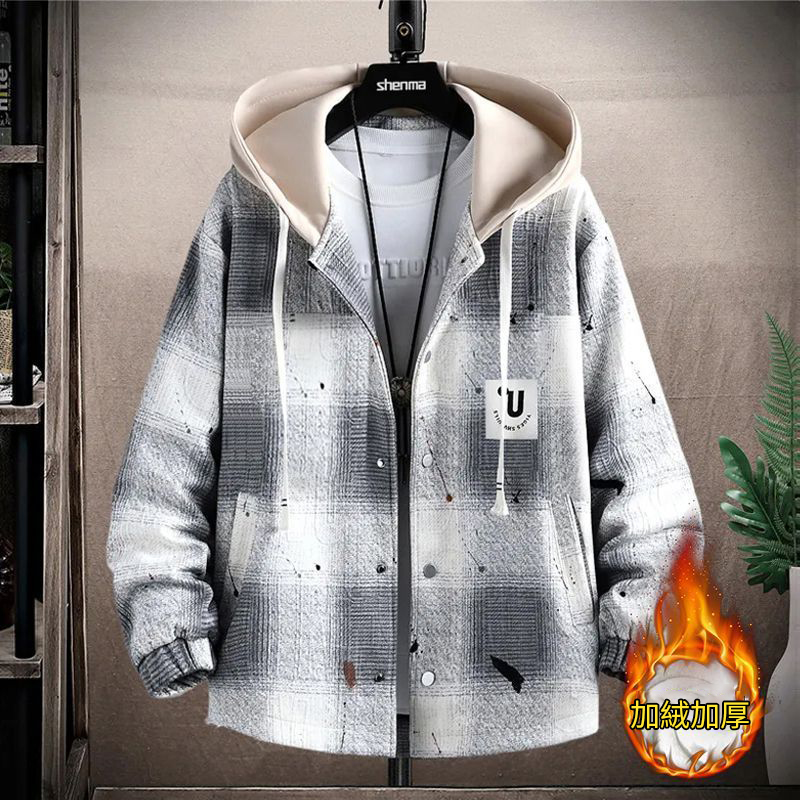 刷毛加厚格子大碼休閒寬鬆撞色港風帥氣連帽外套