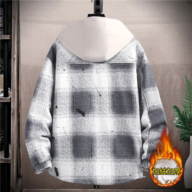 刷毛加厚格子大碼休閒寬鬆撞色港風帥氣連帽外套