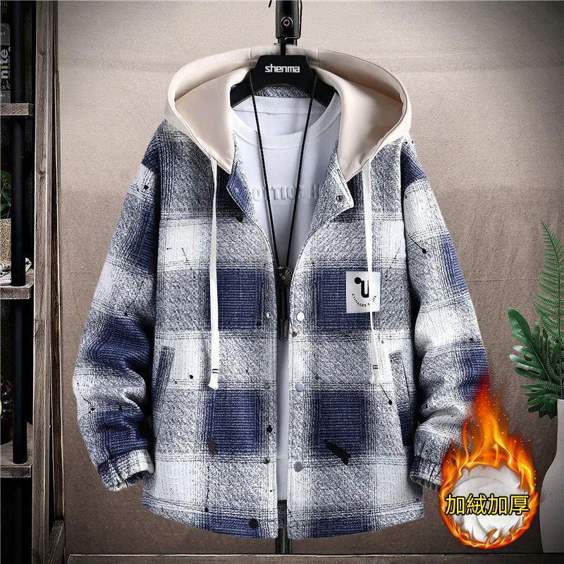 刷毛加厚格子大碼休閒寬鬆撞色港風帥氣連帽外套