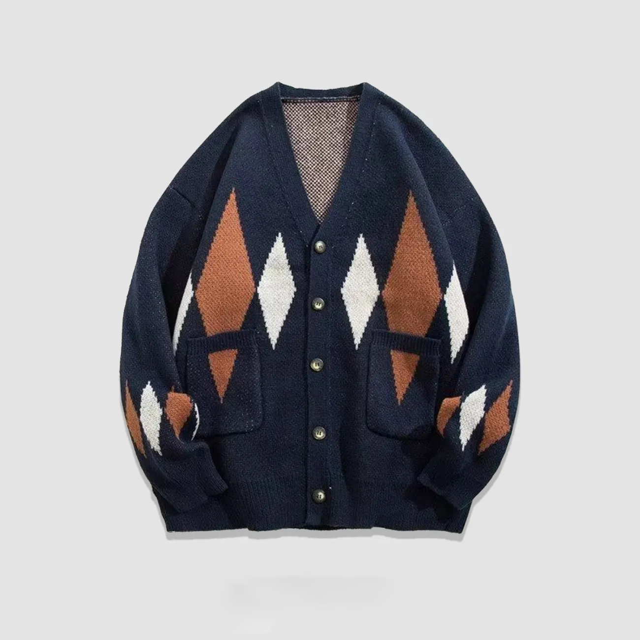 菱格拼接撞色毛衣外套寬鬆慵懶風潮流ins百搭針織開衫