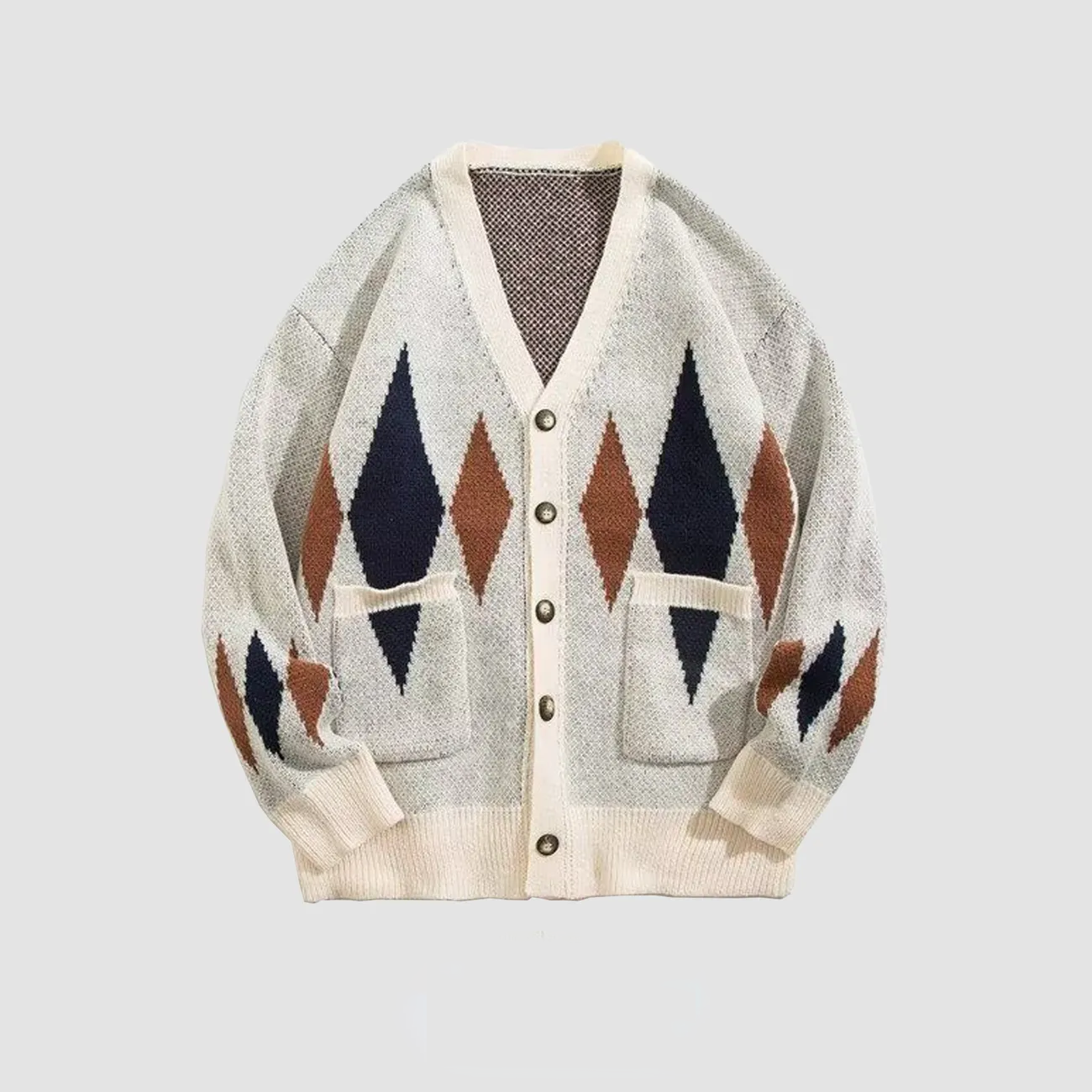 菱格拼接撞色毛衣外套寬鬆慵懶風潮流ins百搭針織開衫