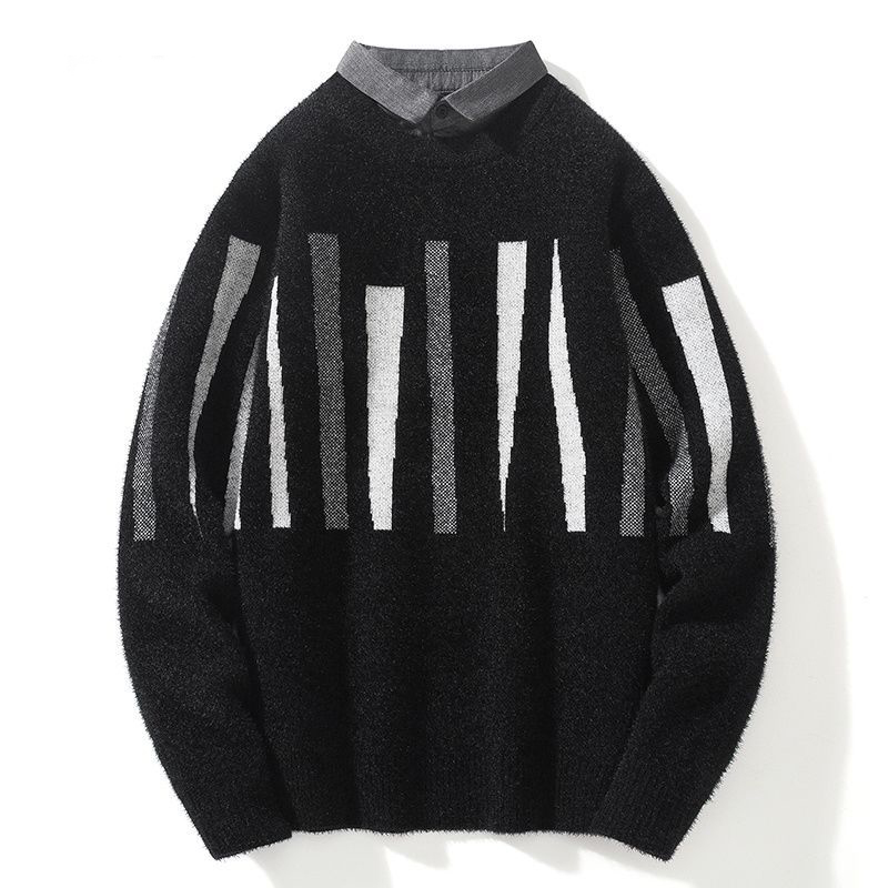 加厚修身假兩件襯衫領帶領套頭針織毛衣