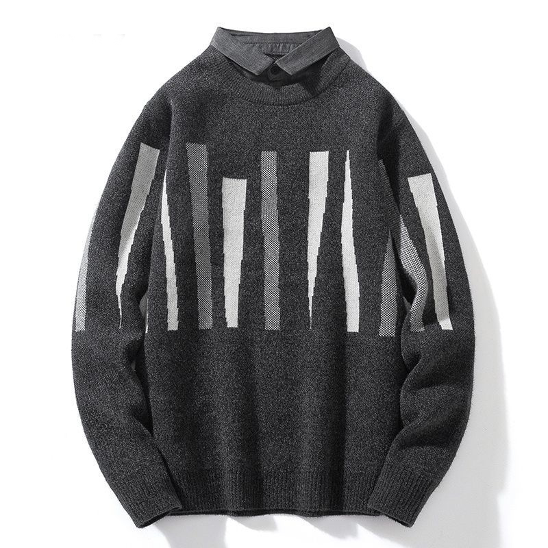 加厚修身假兩件襯衫領帶領套頭針織毛衣