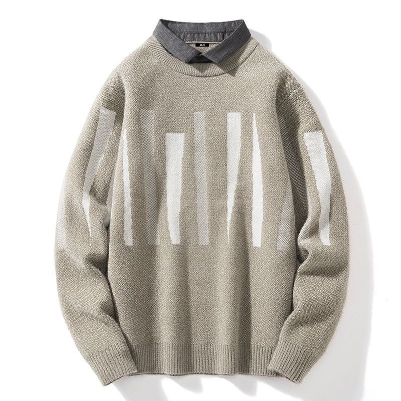 加厚修身假兩件襯衫領帶領套頭針織毛衣