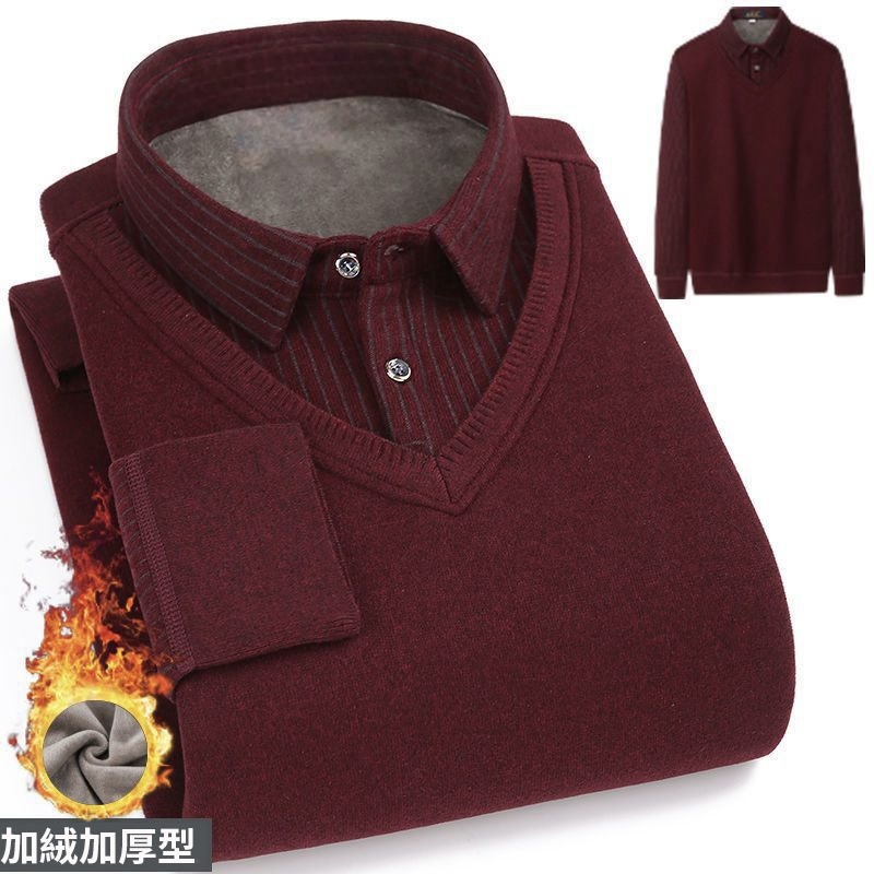 寬鬆假兩件刷毛加厚襯衫領針織毛衣