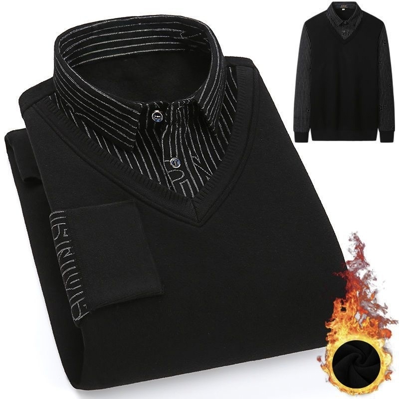 寬鬆假兩件刷毛加厚襯衫領針織毛衣