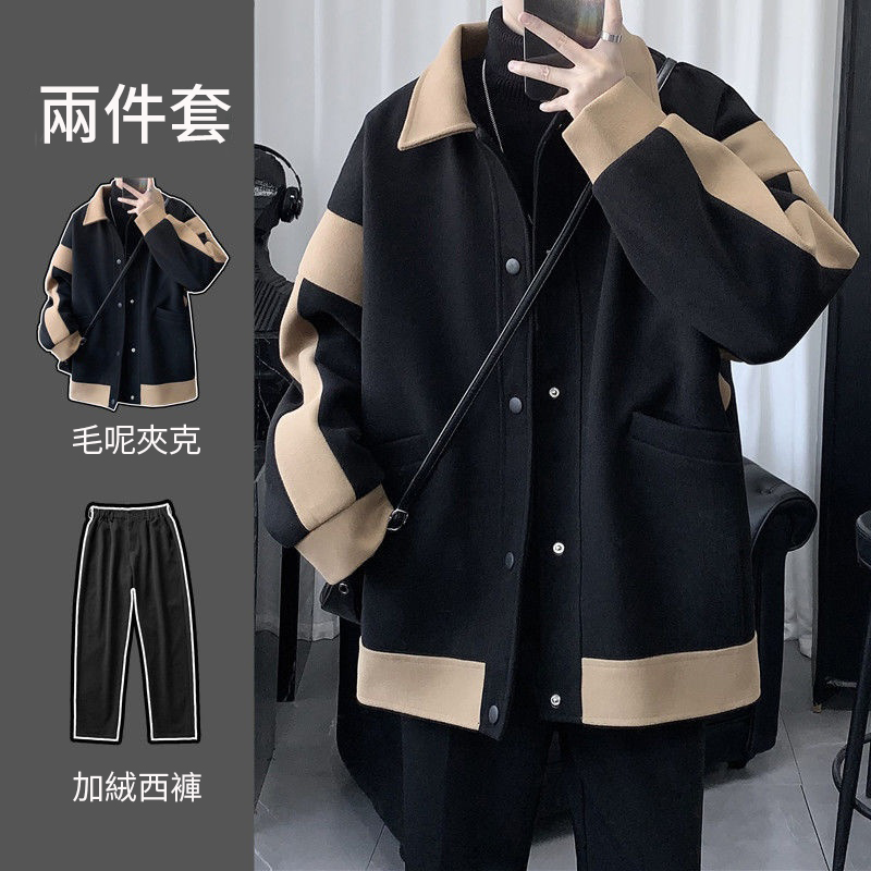 【單件/套裝】潮流韓版加厚毛呢夾克外套+高領毛衣+刷毛百搭西裝褲三件套