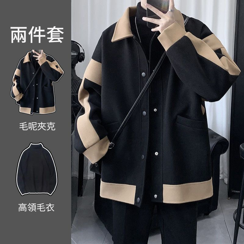 【單件/套裝】潮流韓版加厚毛呢夾克外套+高領毛衣+刷毛百搭西裝褲三件套