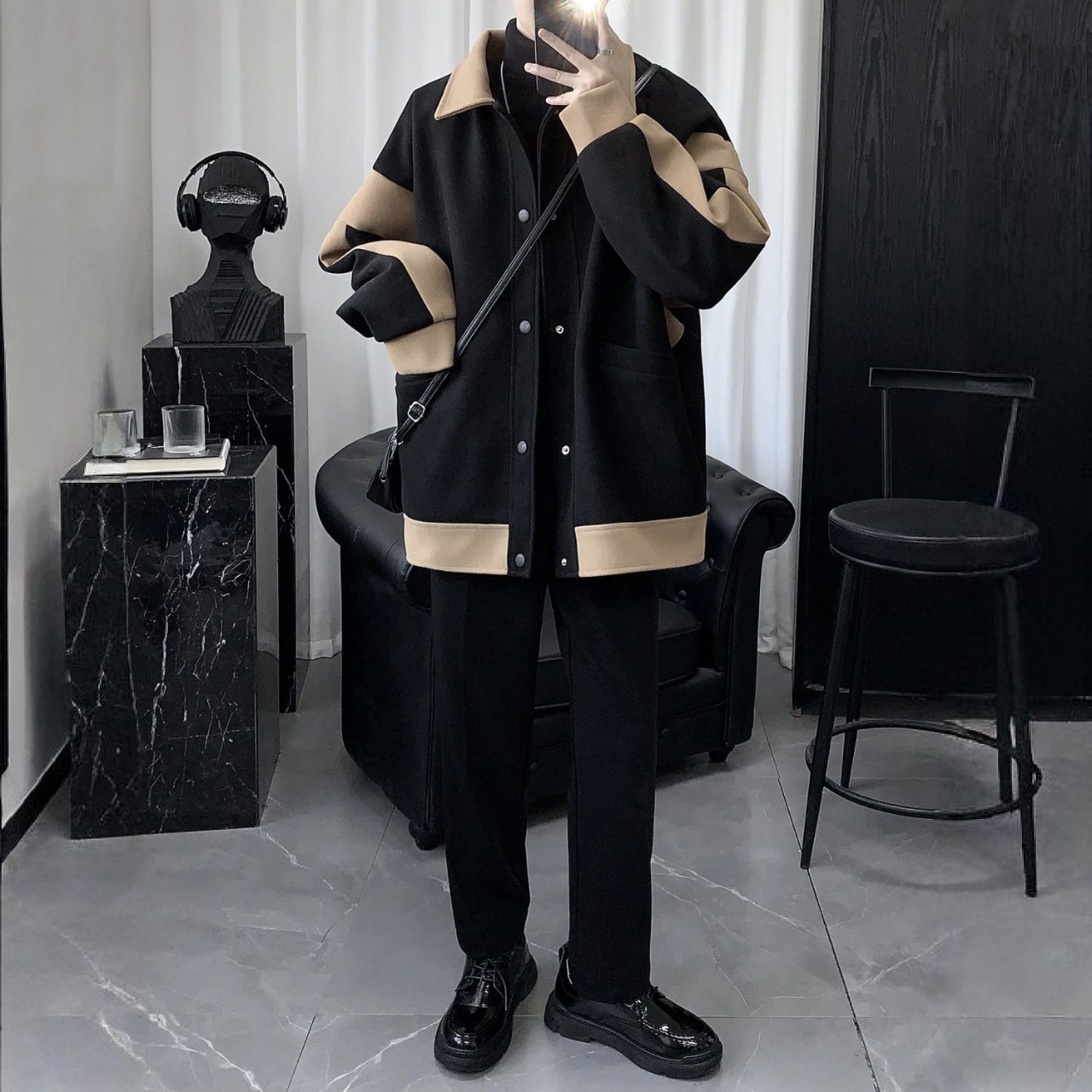 【單件/套裝】潮流韓版加厚毛呢夾克外套+高領毛衣+刷毛百搭西裝褲三件套