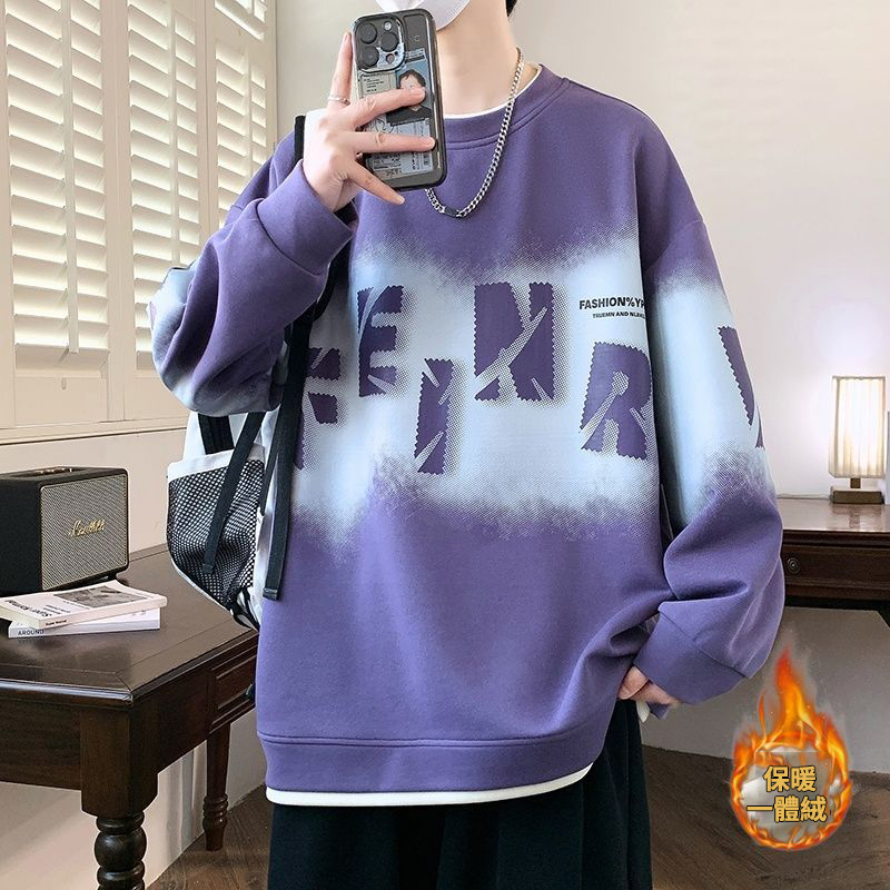 圓領刷毛加厚字母印花寬鬆帥氣長袖T恤