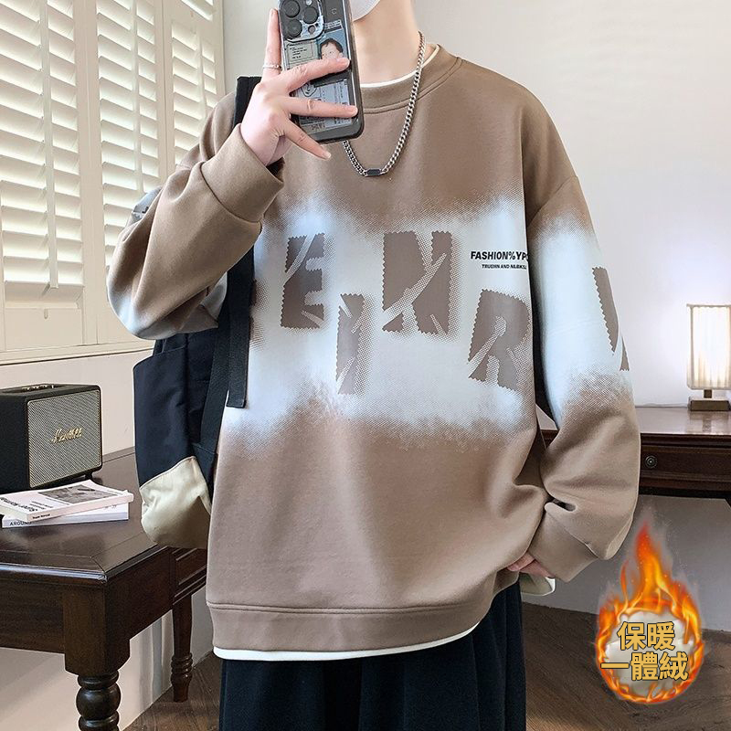 圓領刷毛加厚字母印花寬鬆帥氣長袖T恤