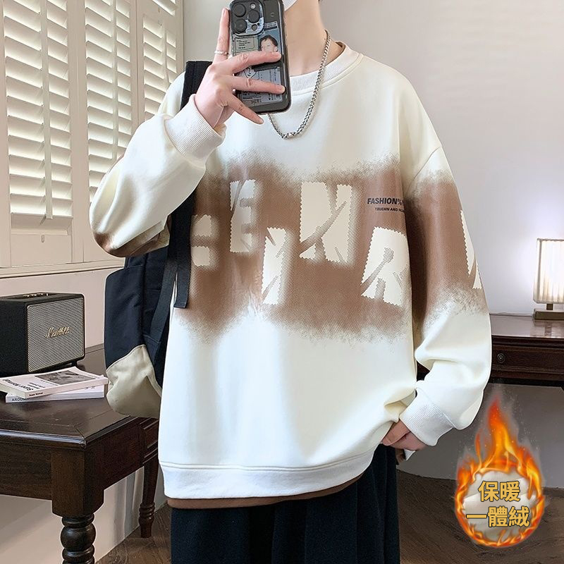 圓領刷毛加厚字母印花寬鬆帥氣長袖T恤