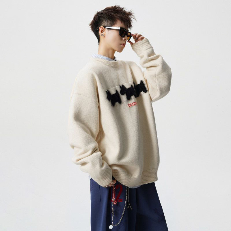 美式重磅高街休閒圓領卡通印花針織毛衣