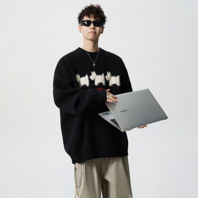 美式重磅高街休閒圓領卡通印花針織毛衣