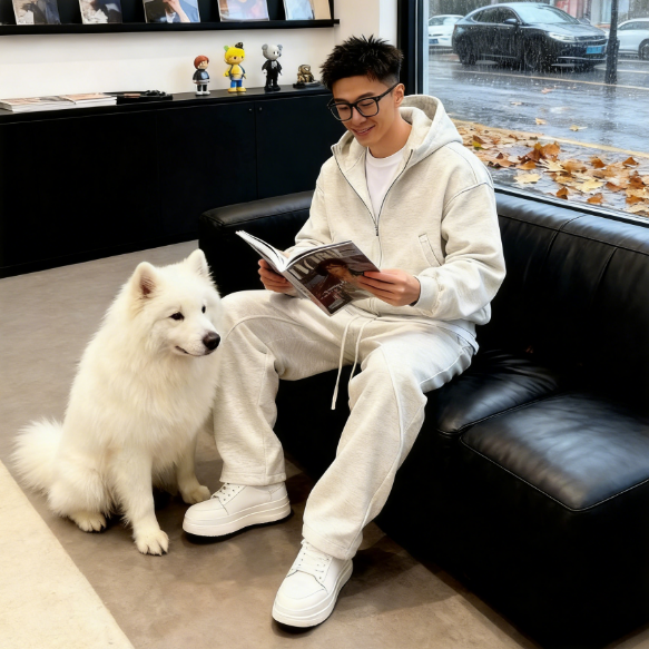 【整套】時尚美式重磅大碼寬鬆連帽外套+休閒運動褲兩件套