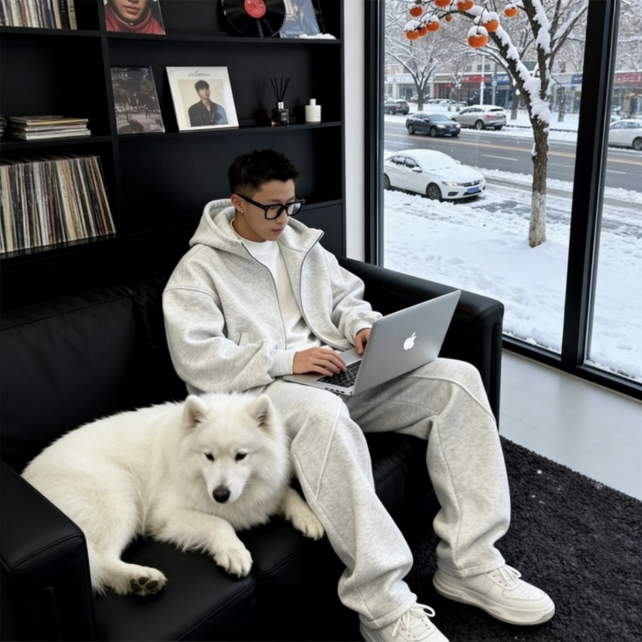 【整套】時尚美式重磅大碼寬鬆連帽外套+休閒運動褲兩件套