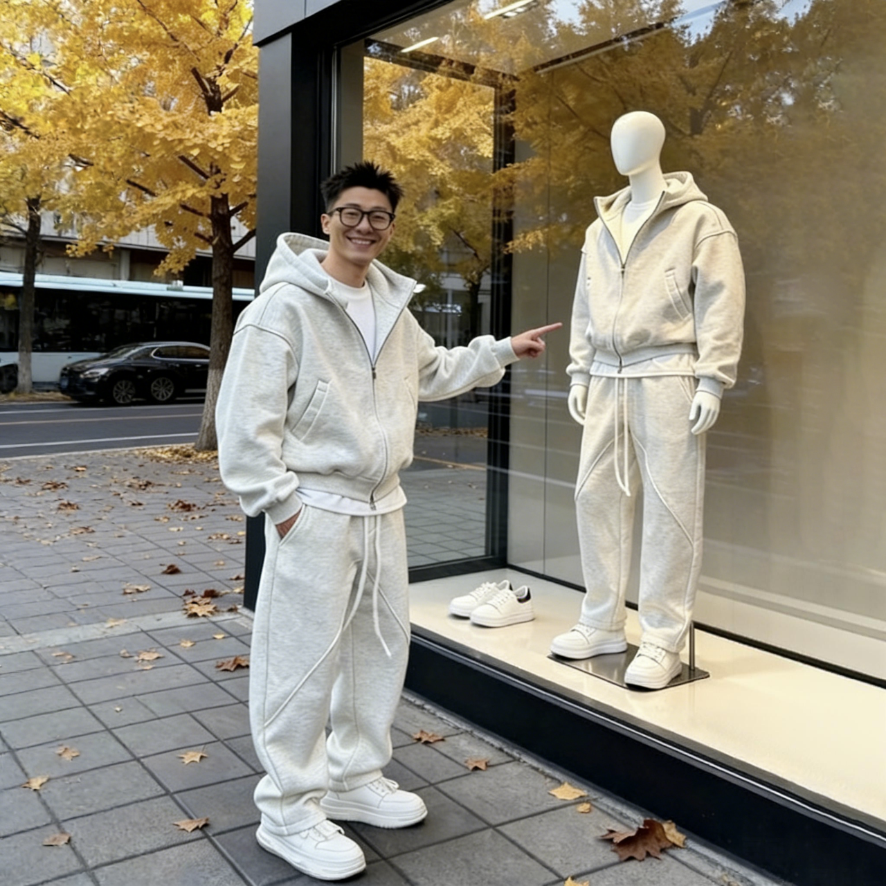 【整套】時尚美式重磅大碼寬鬆連帽外套+休閒運動褲兩件套