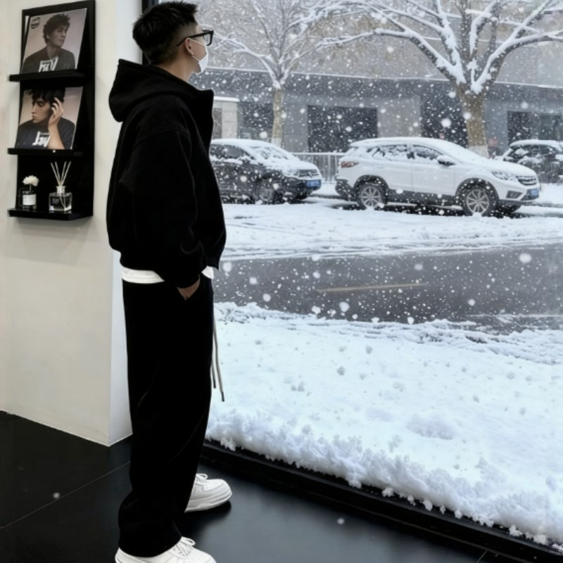 【整套】時尚美式重磅大碼寬鬆連帽外套+休閒運動褲兩件套