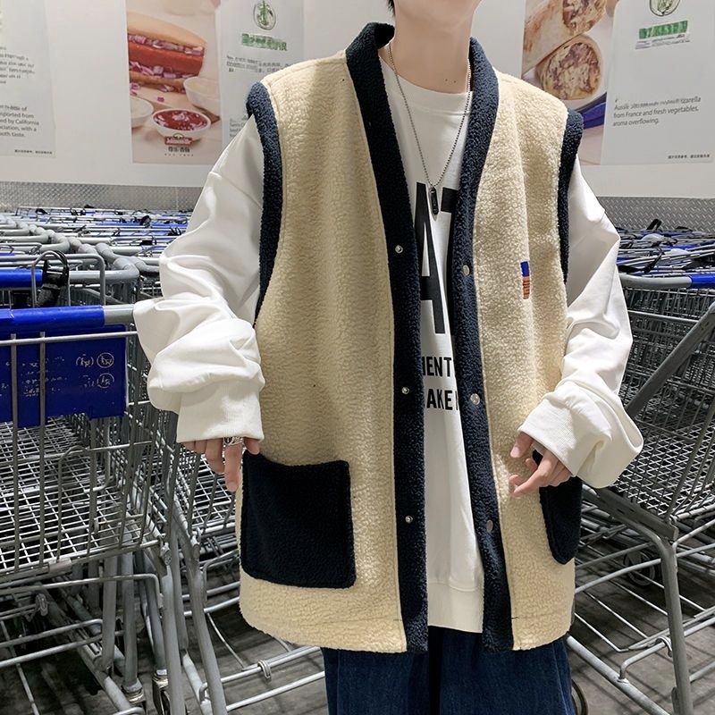 日系寬鬆復古無袖羊羔毛港風毛絨馬甲外套