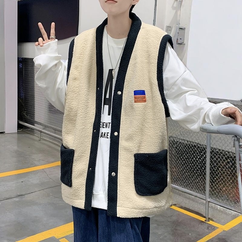 日系寬鬆復古無袖羊羔毛港風毛絨馬甲外套