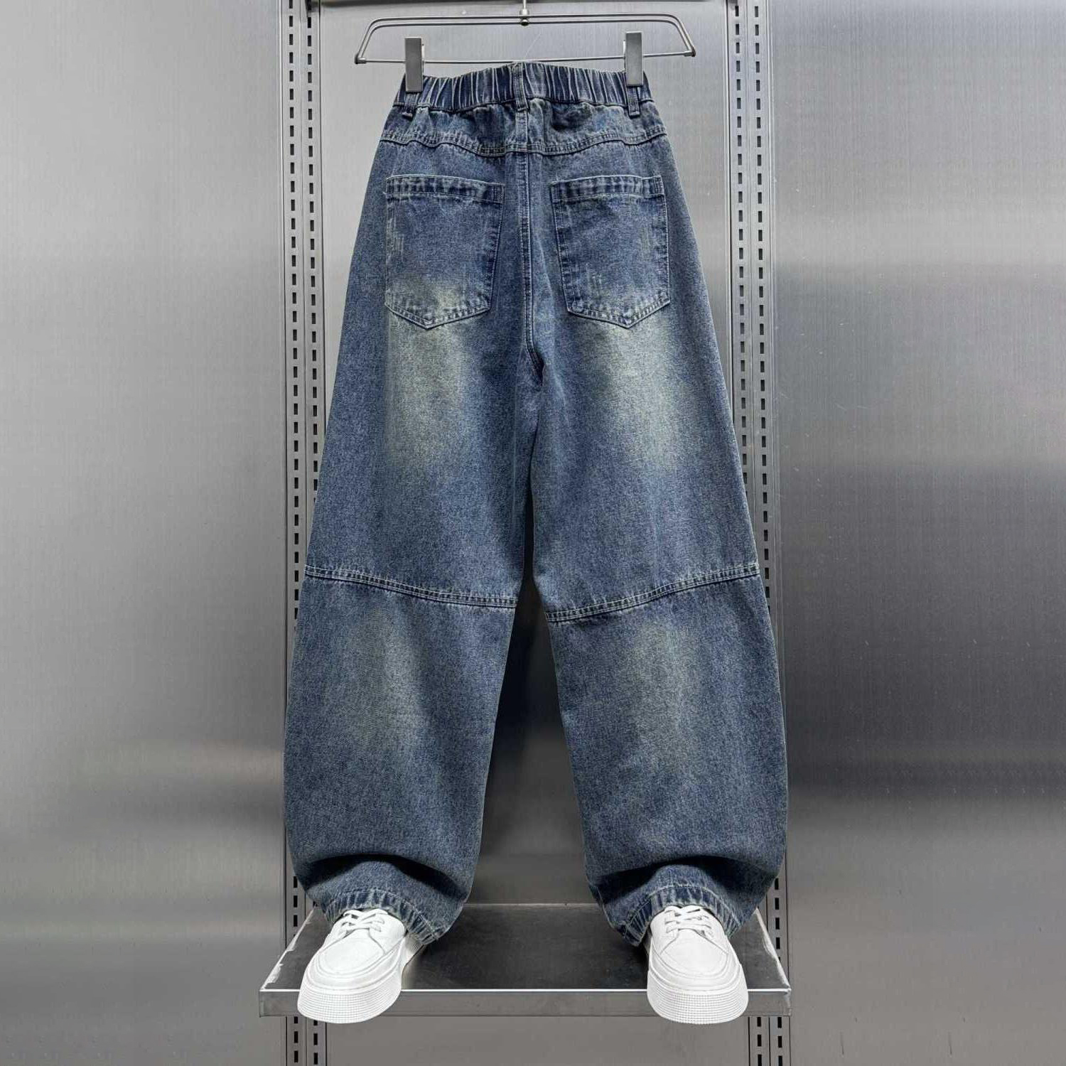 潮牌美式拼接工裝寬鬆高街痞帥直筒闊腿牛仔褲