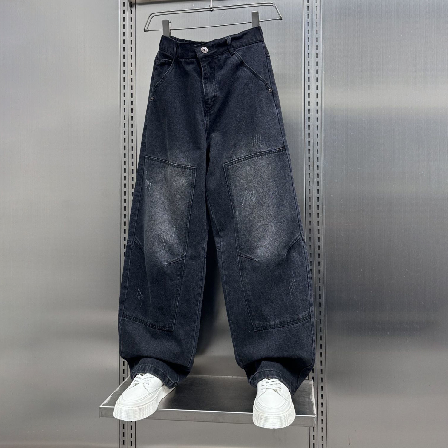 潮牌美式拼接工裝寬鬆高街痞帥直筒闊腿牛仔褲