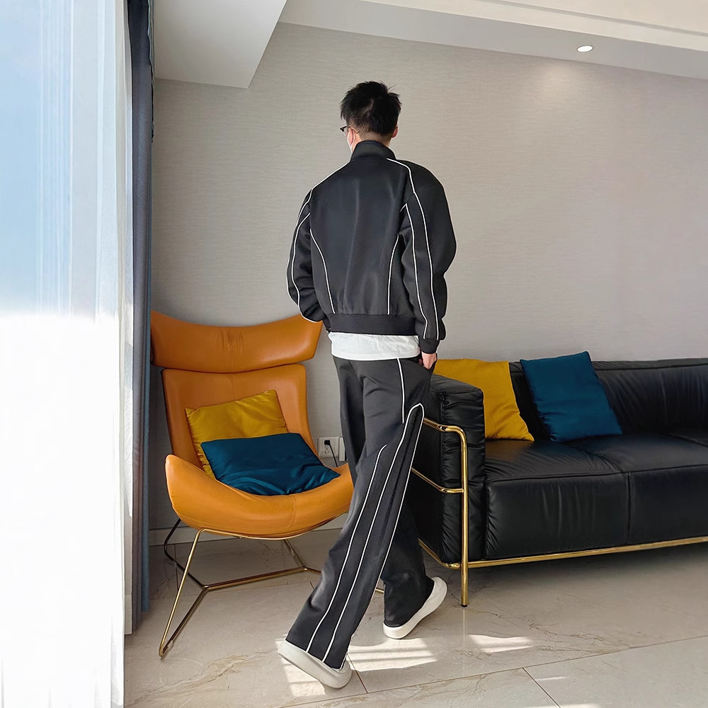 【整套】撞色輯明線立領寬鬆痞帥外套+休閒闊腿運動褲兩件套