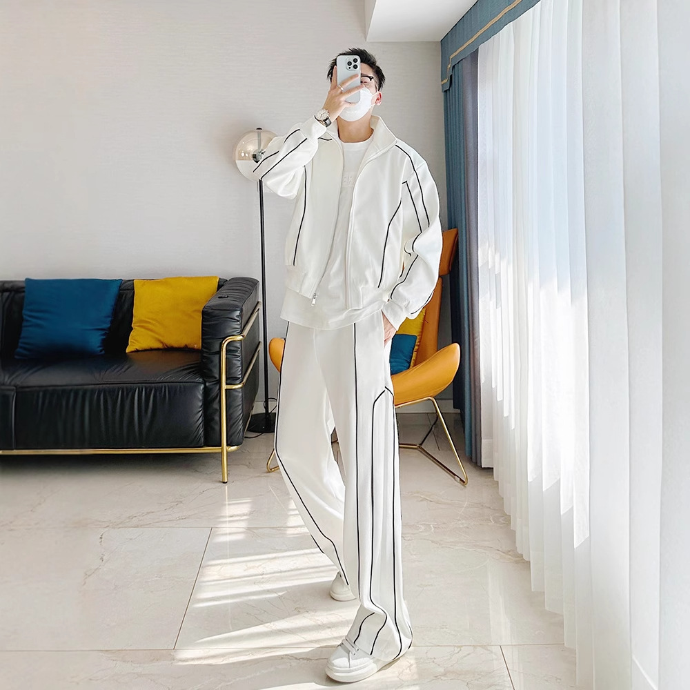 【整套】撞色輯明線立領寬鬆痞帥外套+休閒闊腿運動褲兩件套