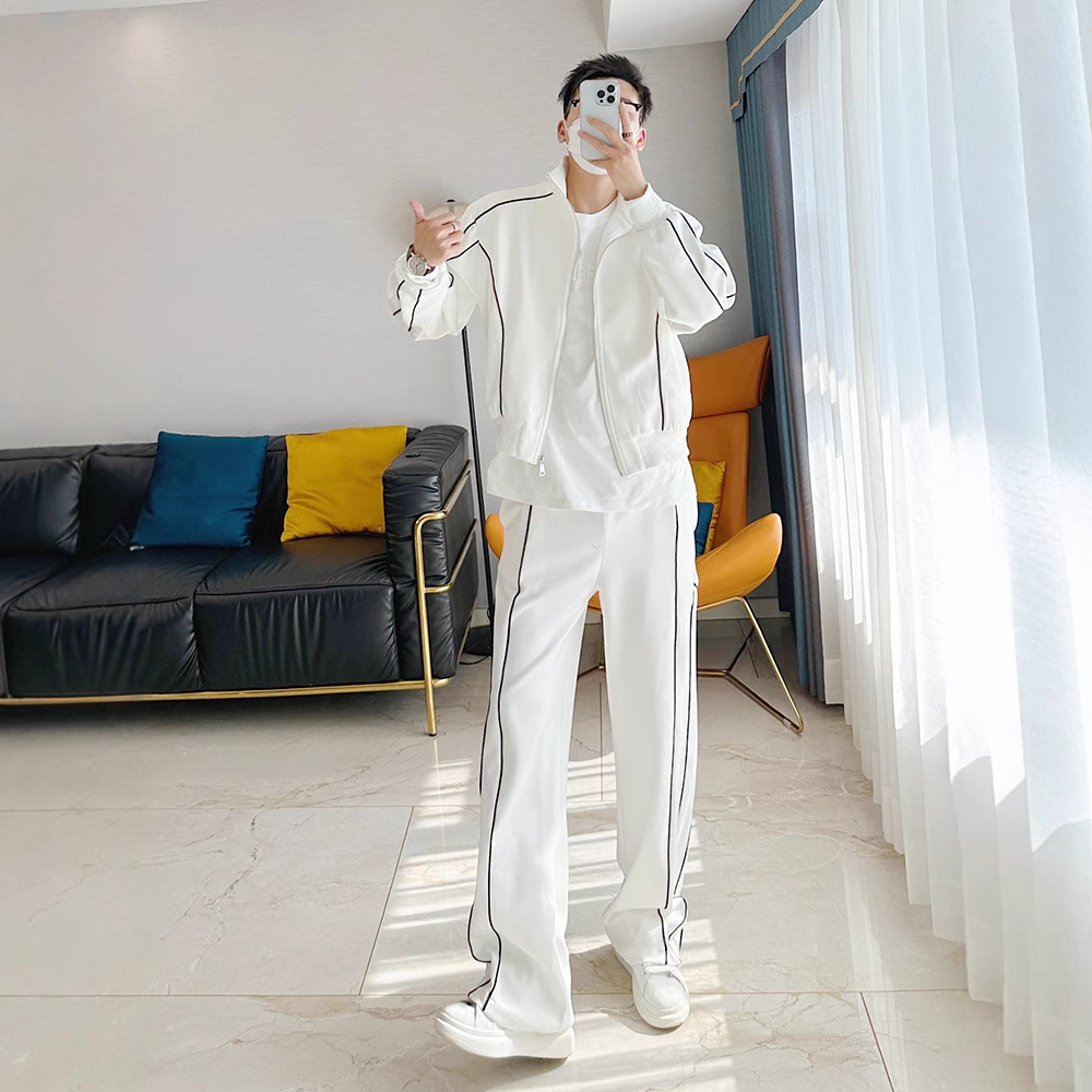 【整套】撞色輯明線立領寬鬆痞帥外套+休閒闊腿運動褲兩件套