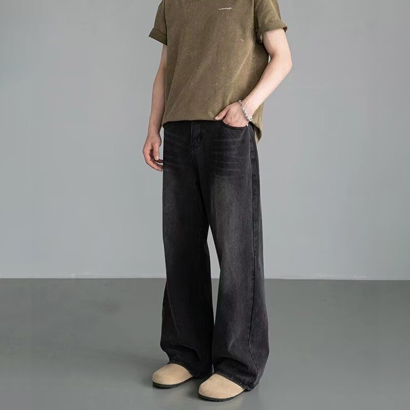 美式復古鬆緊腰寬鬆直筒cleanfit闊腿牛仔褲