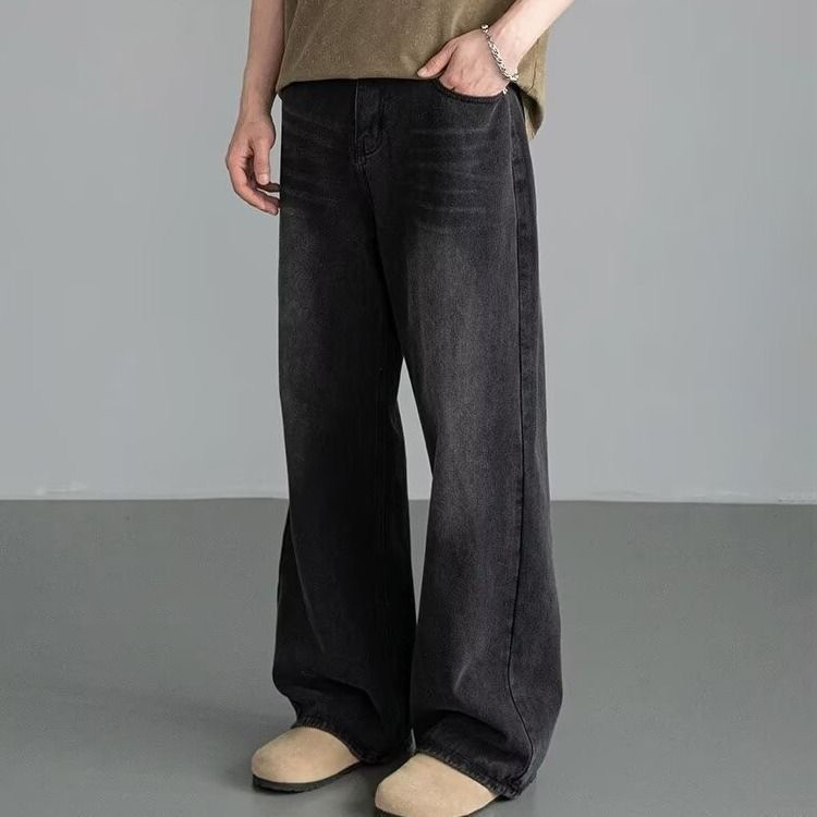 美式復古鬆緊腰寬鬆直筒cleanfit闊腿牛仔褲