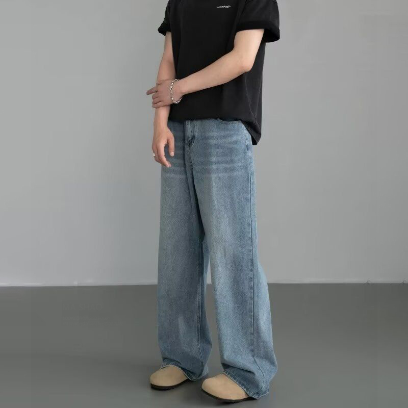 美式復古鬆緊腰寬鬆直筒cleanfit闊腿牛仔褲