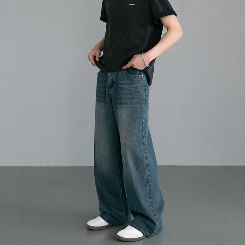 美式復古鬆緊腰寬鬆直筒cleanfit闊腿牛仔褲