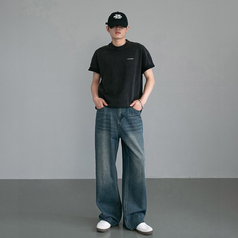 美式復古鬆緊腰寬鬆直筒cleanfit闊腿牛仔褲