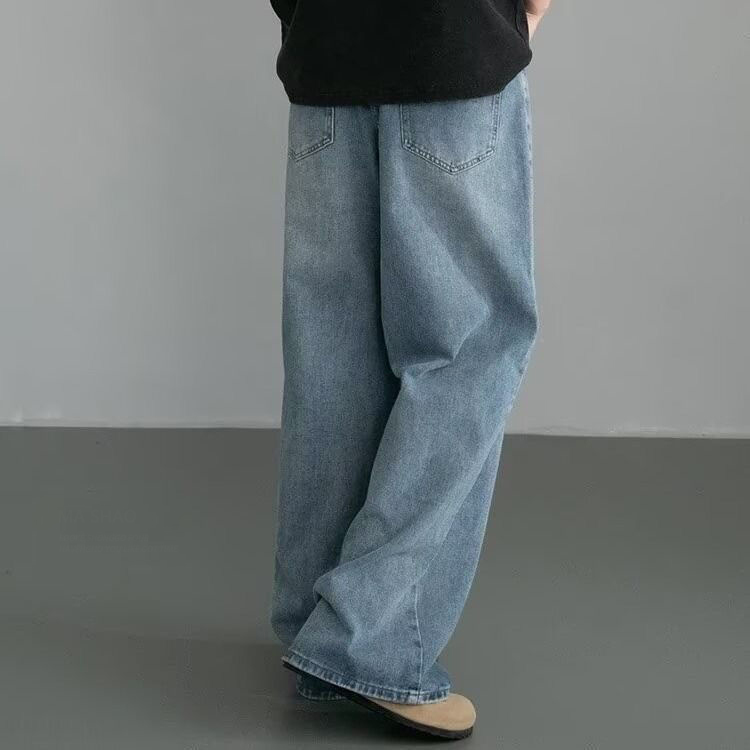 美式復古鬆緊腰寬鬆直筒cleanfit闊腿牛仔褲
