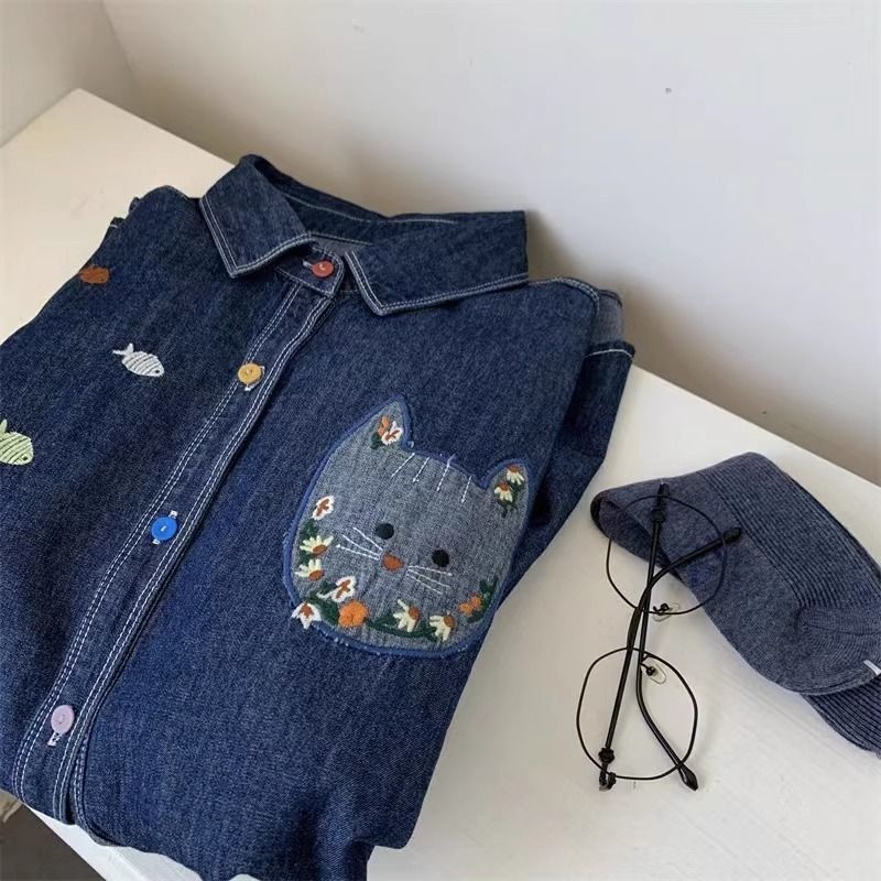特大碼美式潮牌貓咪刺繡時尚寬松牛仔襯衫