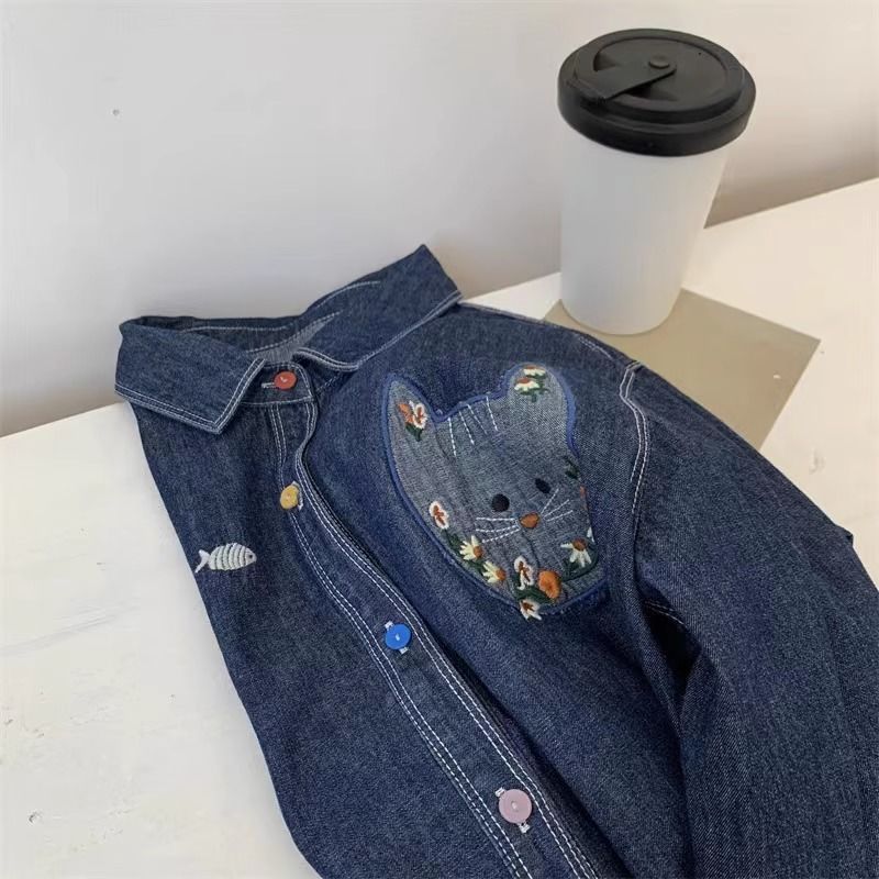 特大碼美式潮牌貓咪刺繡時尚寬松牛仔襯衫